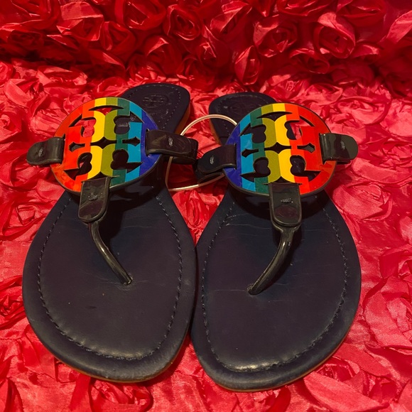 Tory Burch Miller T Logo Rainbow Patent Sandals - Picture 2 of 8